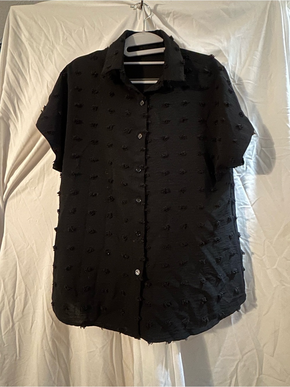 Black Short-Sleeve Textured Button-Down Shirt